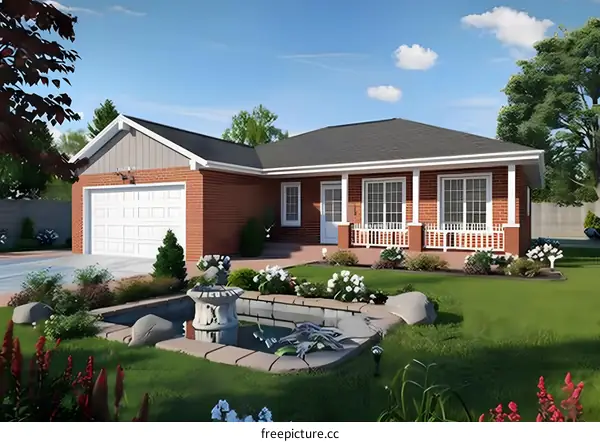 Modern Ranch Style House with Front Yard and Pond