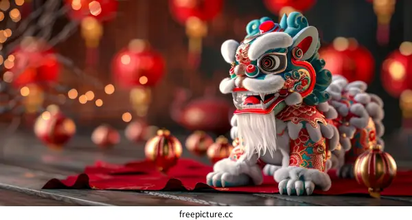 Chinese Lion Statue with Red Lanterns for Lunar New Year