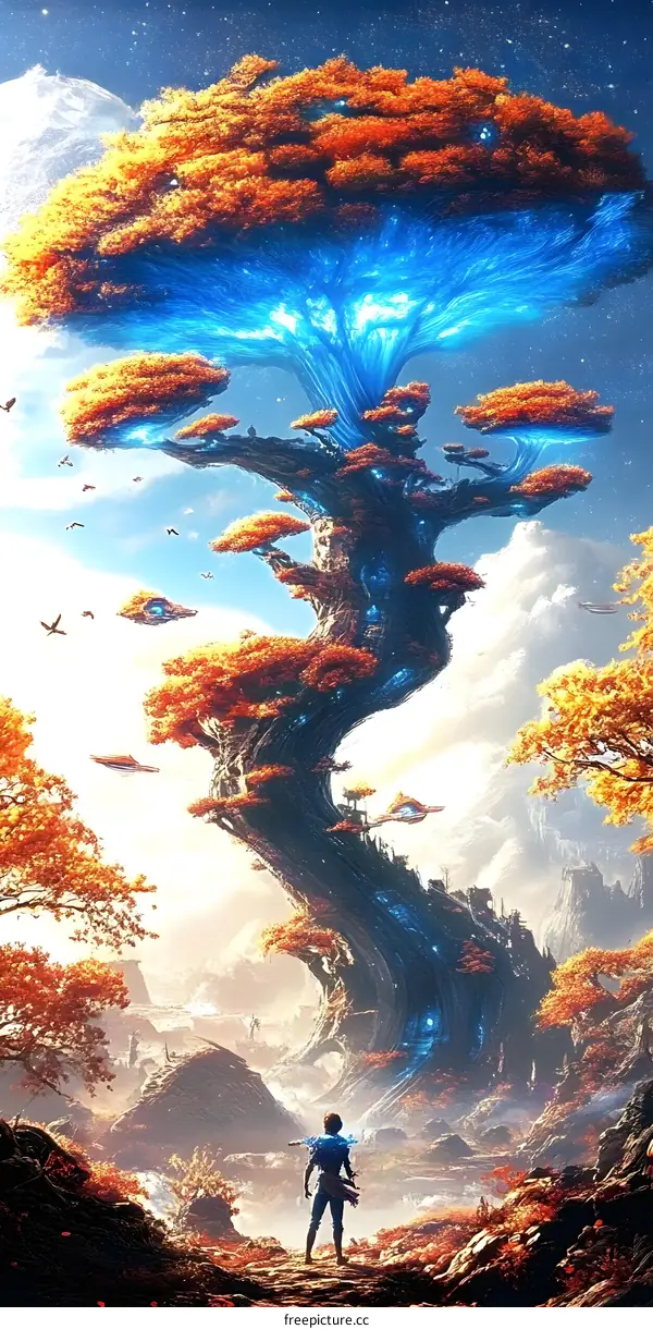 Fantasy Landscape With a Giant Tree and a Person