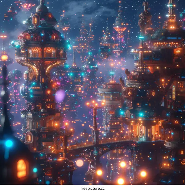 A beautiful painting of a cyberpunk city at night with bright lights and flying cars