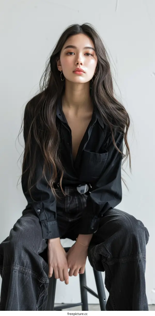 Young Woman with Long Dark Hair Sitting on a Stool