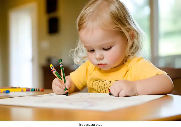 Little Girl Drawing with Crayons at Home