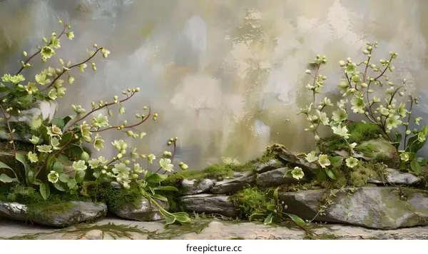 Green Moss and Flowers on Rocks Background