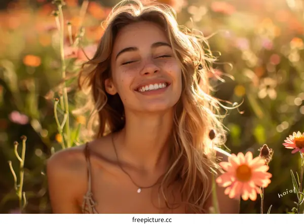 portrait of a smiling blonde woman in a field of flowers