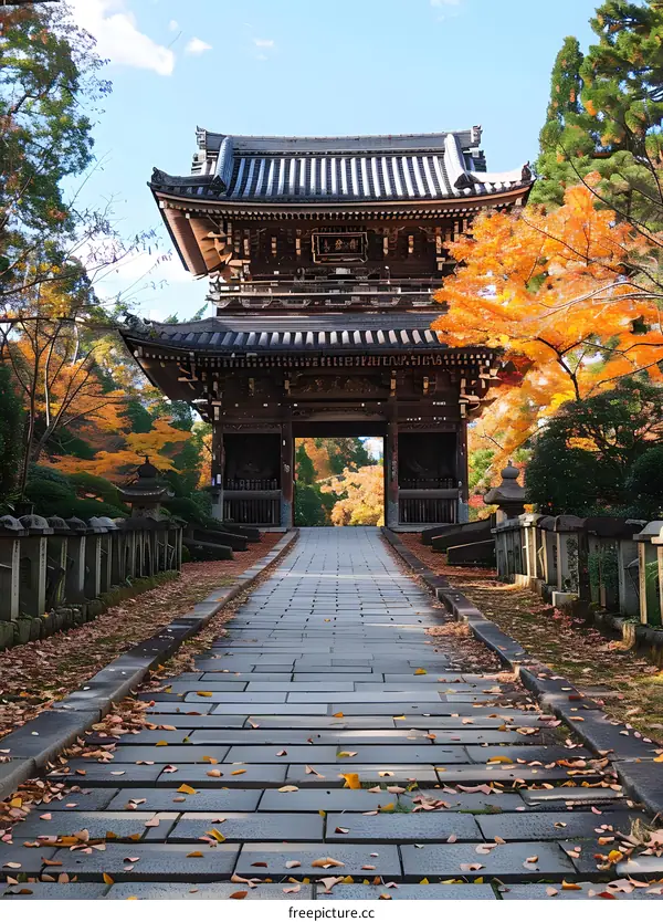 Stone Path Leading to Ancient Japanese Temple Gate with Autumn Foliage