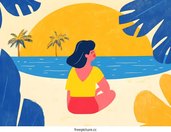 Woman Sitting on Beach with Palm Trees and Sunset