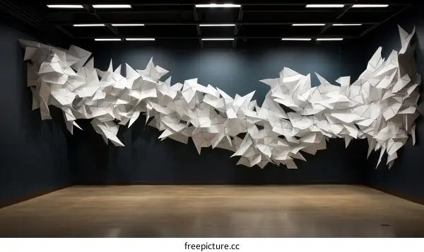 3D sculpture with geometric white origami-like shapes on a dark blue wall