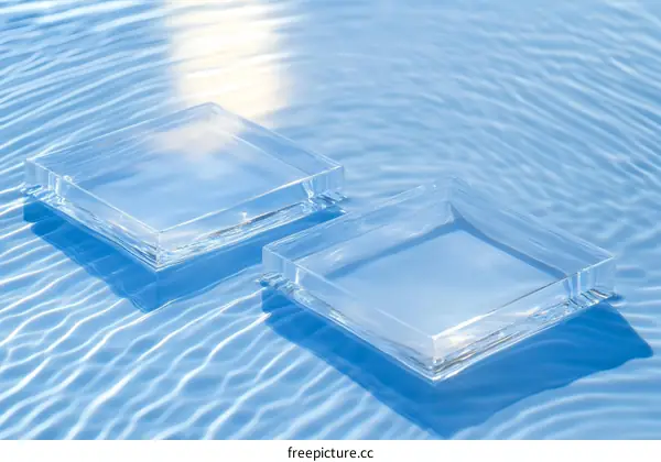 Transparent Square Dishes on Rippled Water Background