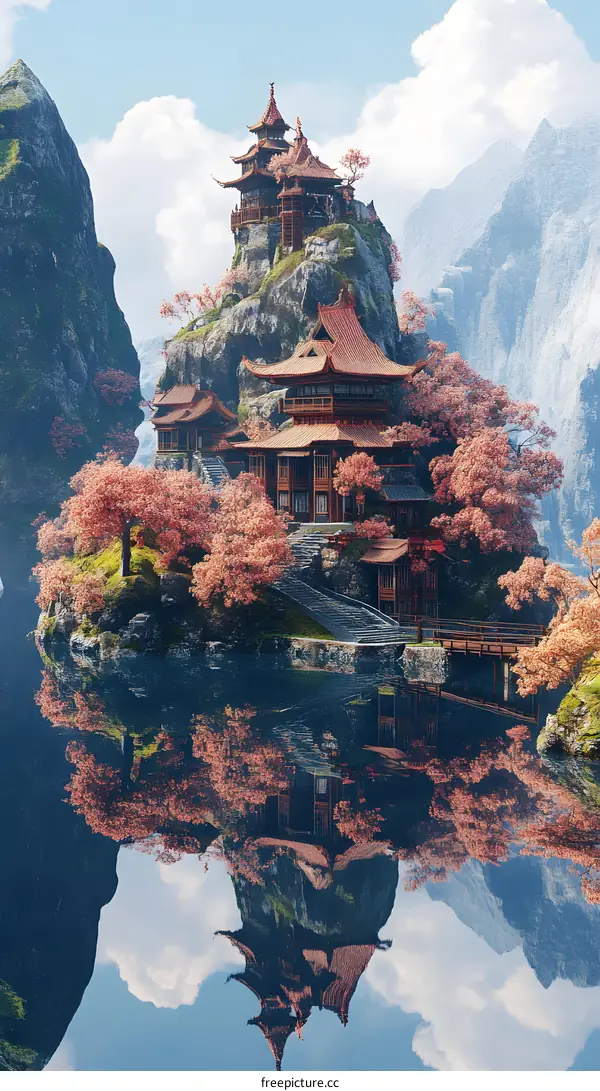 Stunning Illustration of a Traditional Chinese Pagoda on a Cliffside