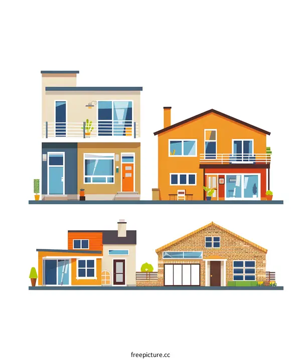Set of Four Flat Style Houses with Different Architectural Designs