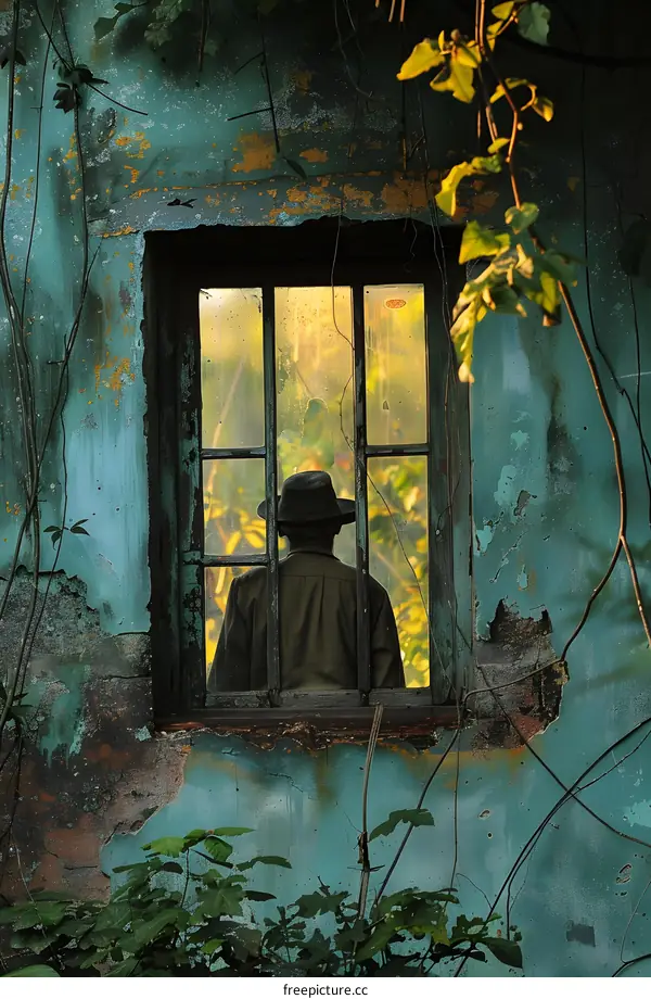 Man Looking Out Window Of Abandoned Building