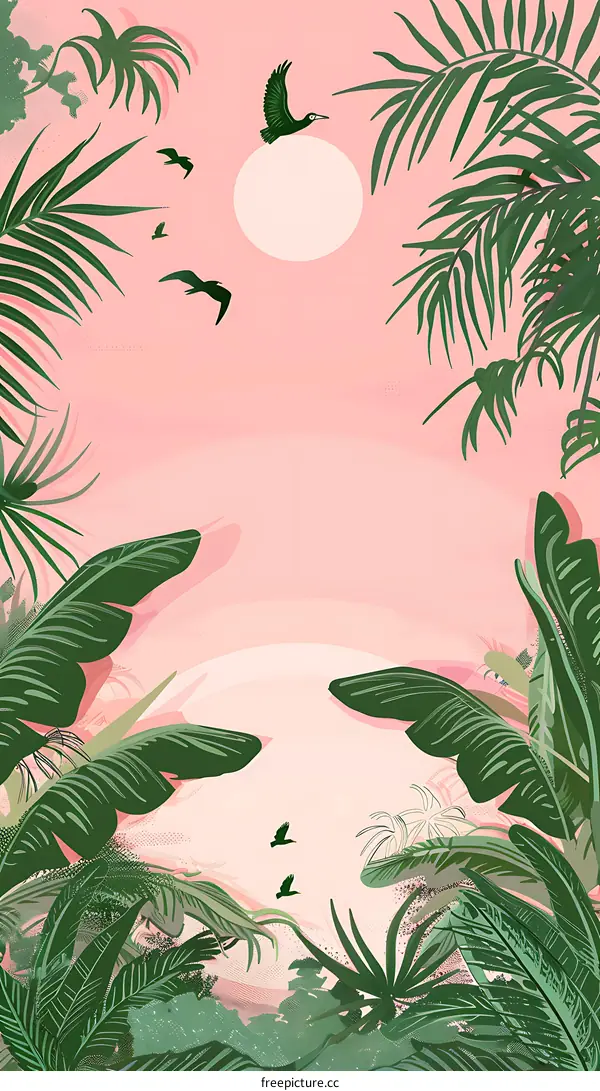 Tropical Leaves and Birds Pink Background Illustration