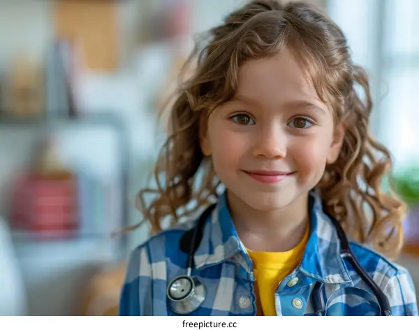 Little girl dressed as a doctor with a stethoscope around her neck