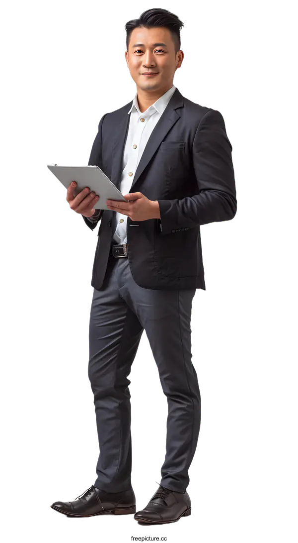 [Transparent Background PNG]Asian businessman using a tablet