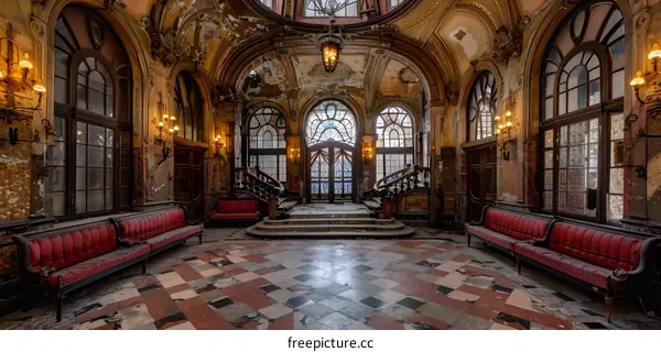 Abandoned Building Interior With Stained Glass Windows And Red Leather Benches