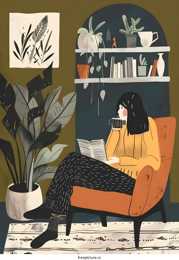 Woman Reading in Comfortable Chair with Plants
