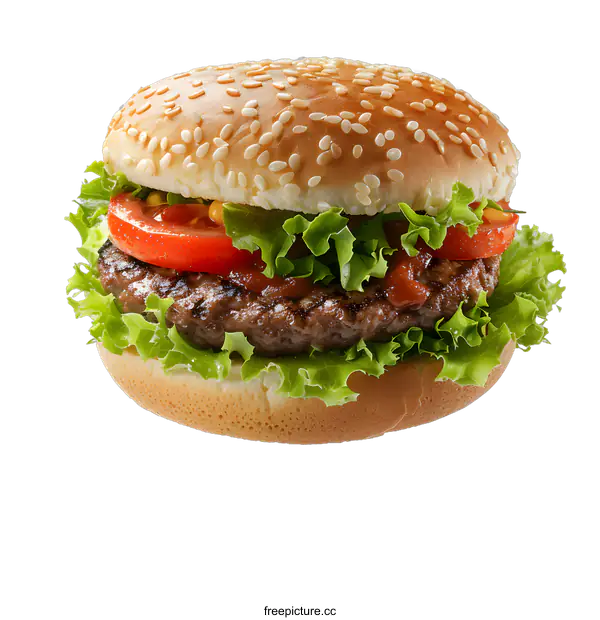 [Transparent Background PNG]A delicious-looking hamburger with sesame seeds on the bun and lettuce, tomato, and meat inside.