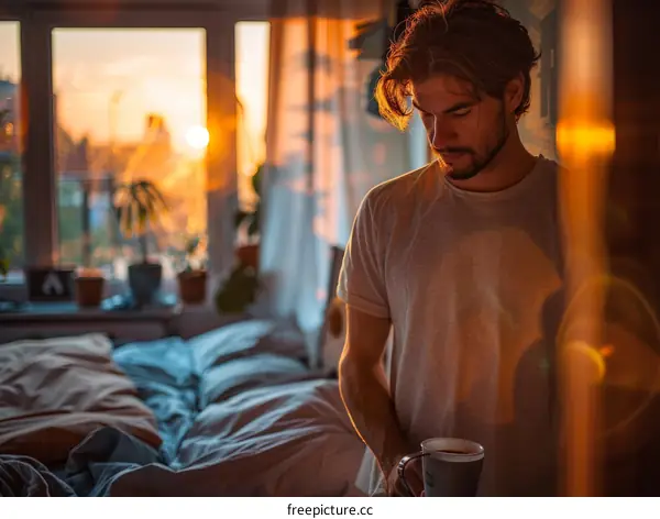 pensive man looking out the window at sunset