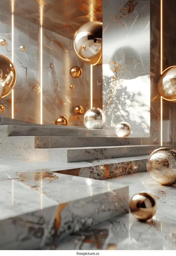 Modern Abstract Marble Stairway with Golden Balls