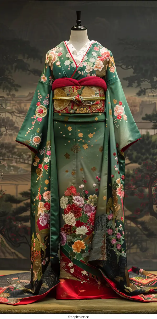 A kimono with a floral pattern and a red obi