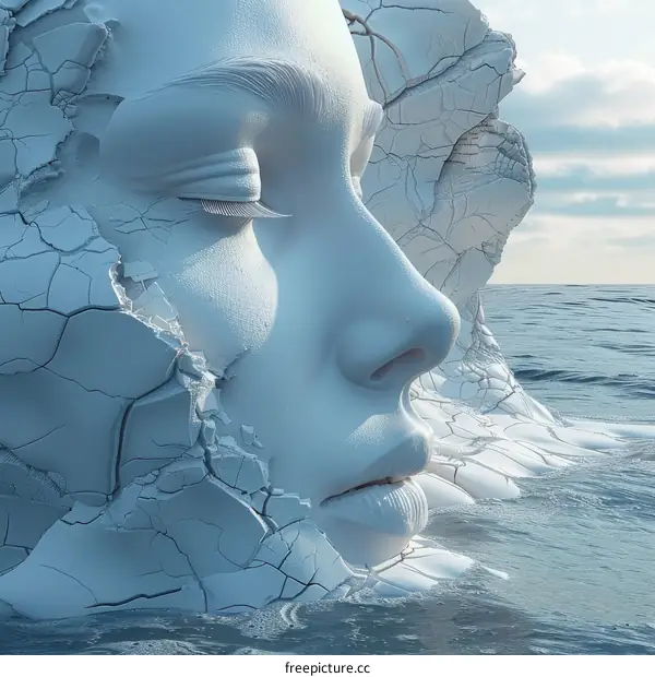 Woman's Face Emerging from Ocean Waves with Eyes Closed