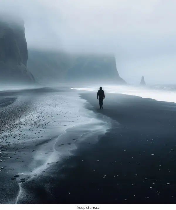 Man walking alone on a black sand beach in Iceland