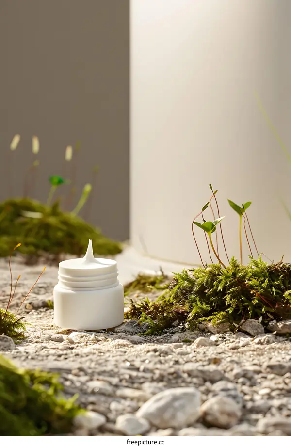 White Cream Jar With Moss and Sprouting Plants