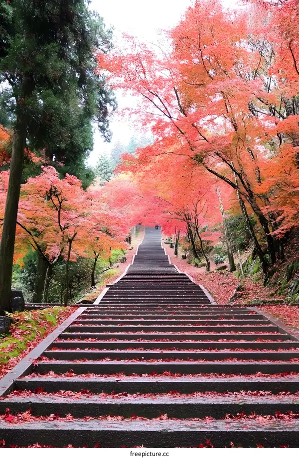 Autumn Foliage Stairway in Japan