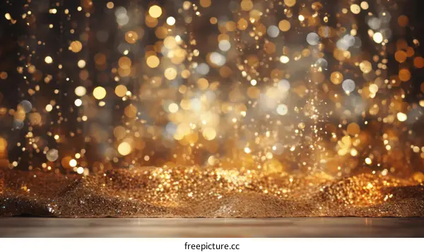 Gold glitter background with defocused golden particles and shiny lights. Bright backdrop with bokeh effect