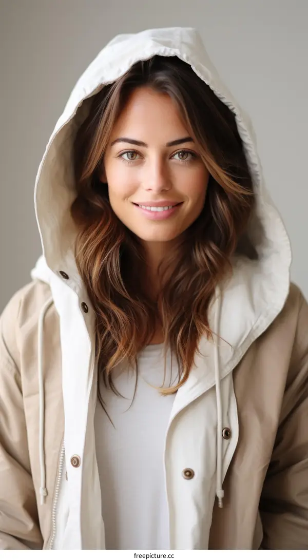 Portrait of a smiling young woman wearing a hooded jacket