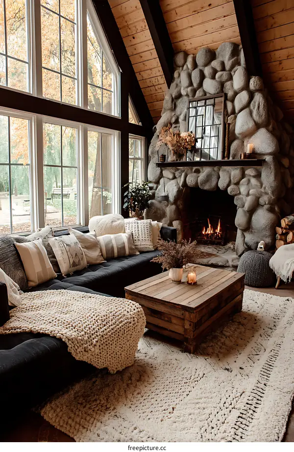 Cozy Living Room with Stone Fireplace and Large Windows