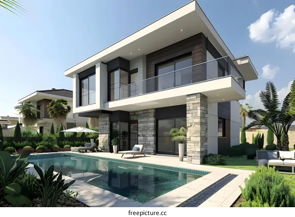 A modern two-story house with a pool and a garden