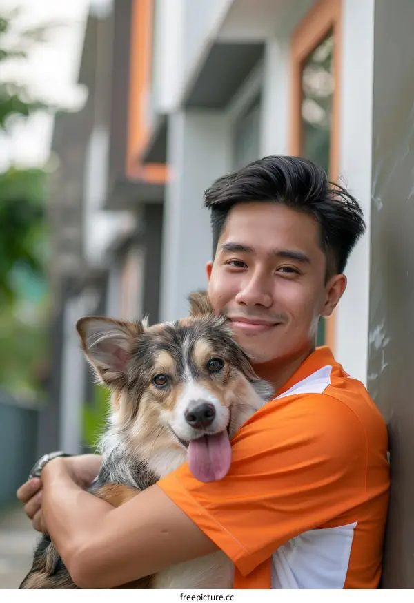 A young man is hugging a dog outside his house
