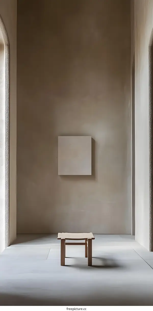 Minimalist Interior Design with Wooden Stool and White Wall