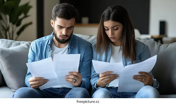 Worried Couple Reading Documents at Home