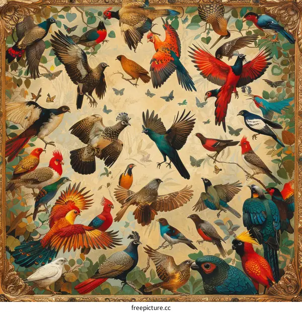 An illustration of various colorful birds