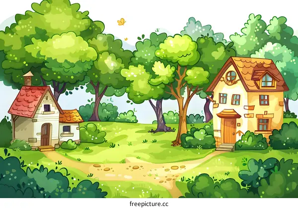 Cartoon Illustration of Two Houses in a Green Forest