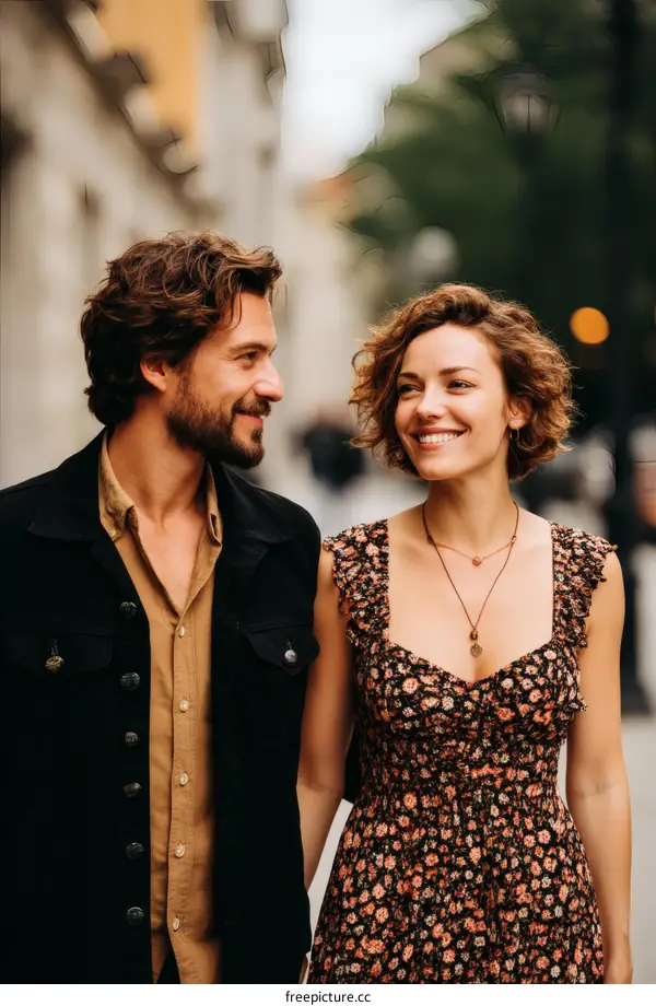 Couple Walking in City Street Outdoor Scene