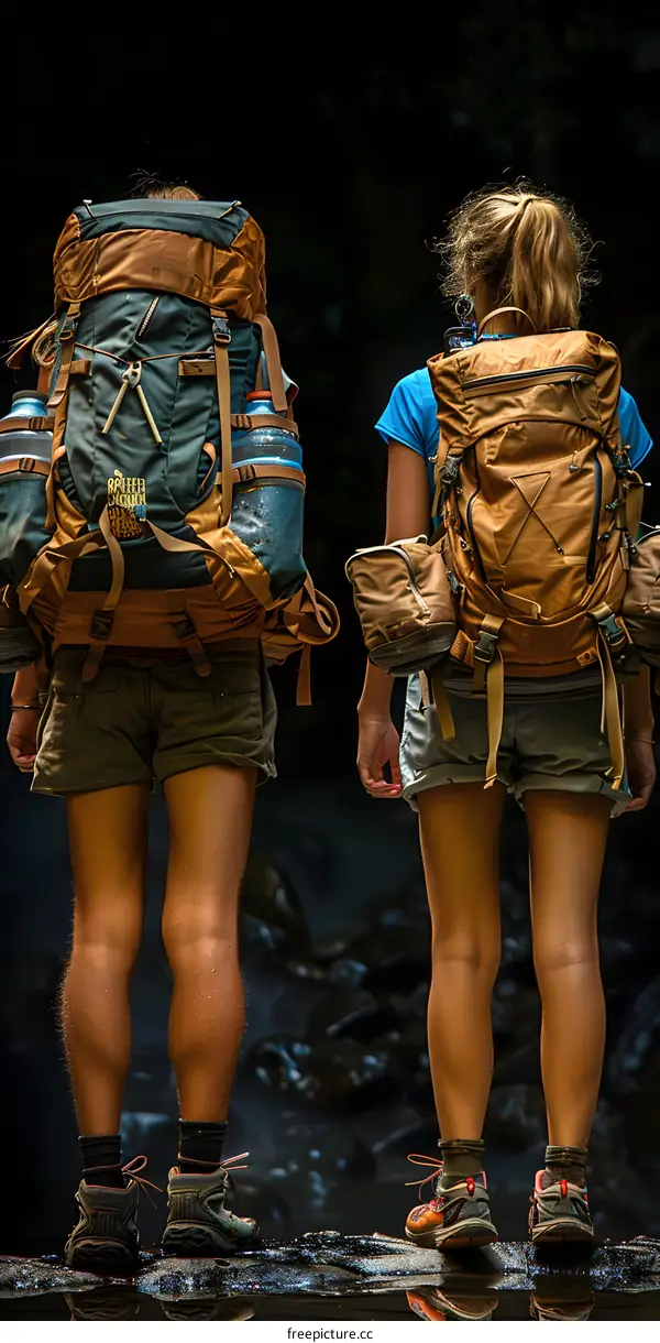 Hikers With Backpacks Facing Away From Camera