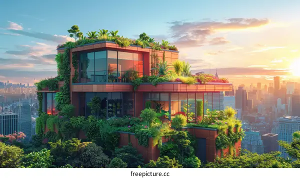 Modern Eco-Friendly Building with Rooftop Garden in Cityscape