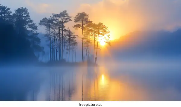 Sunrise over a Misty Lake with Trees