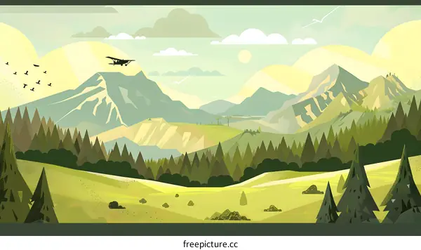 Mountain Landscape Illustration With Airplane