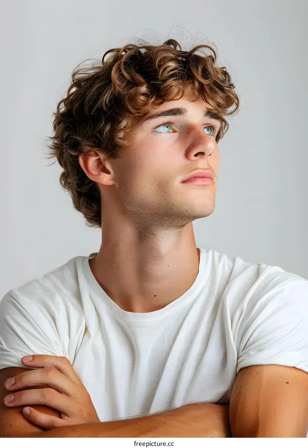 Portrait of a Young Man with Curly Hair Looking Up