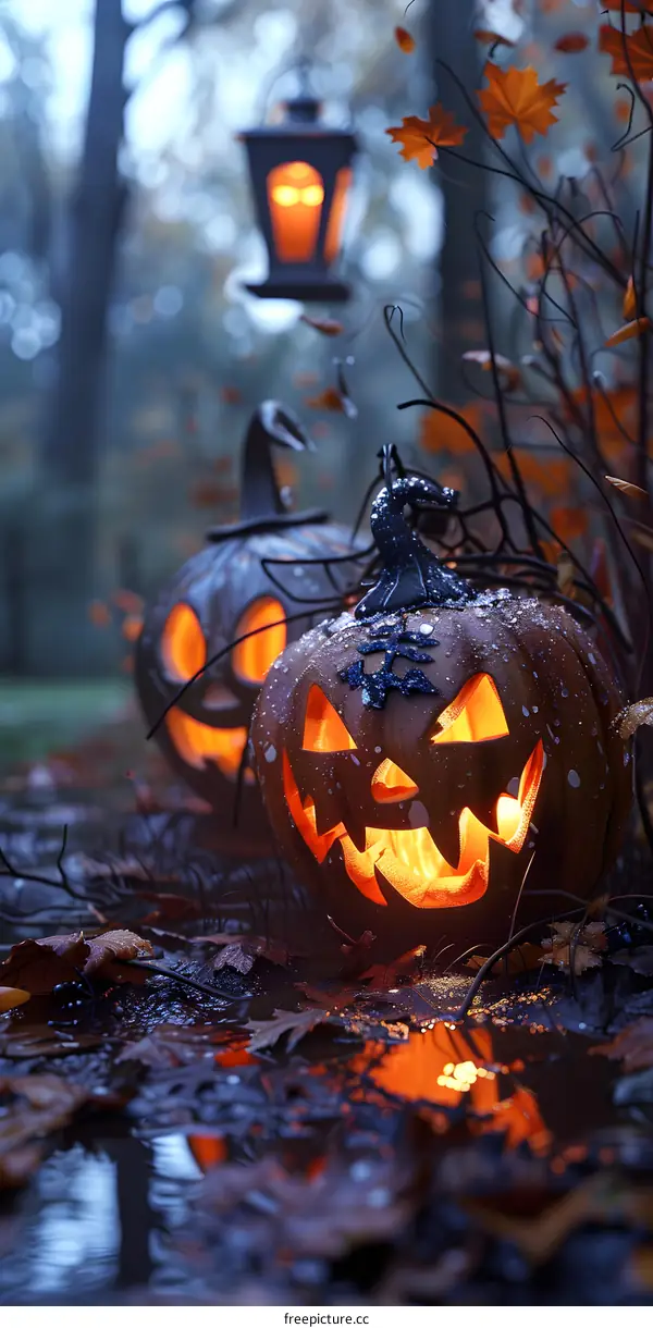 Spooky Halloween Pumpkins in the Forest