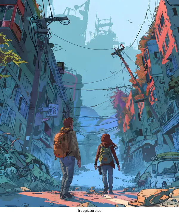 Two People Walking Through A Ruined City