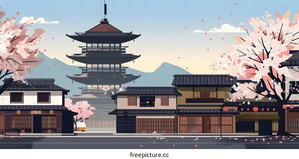 Japanese Style Architecture with Cherry Blossom Trees