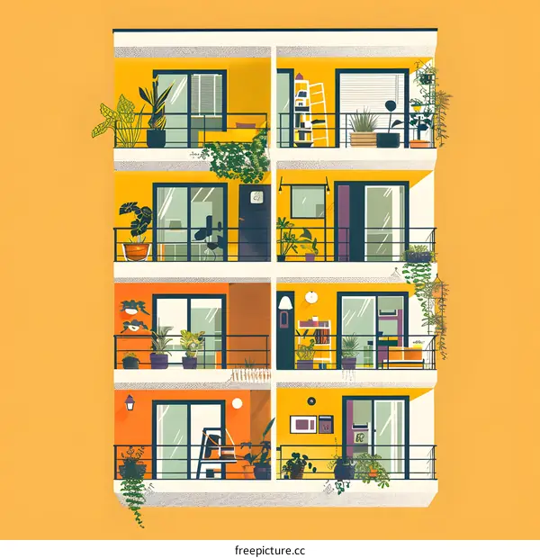 Modern Apartment Building Illustration with Yellow Walls and Green Plants on Balconies