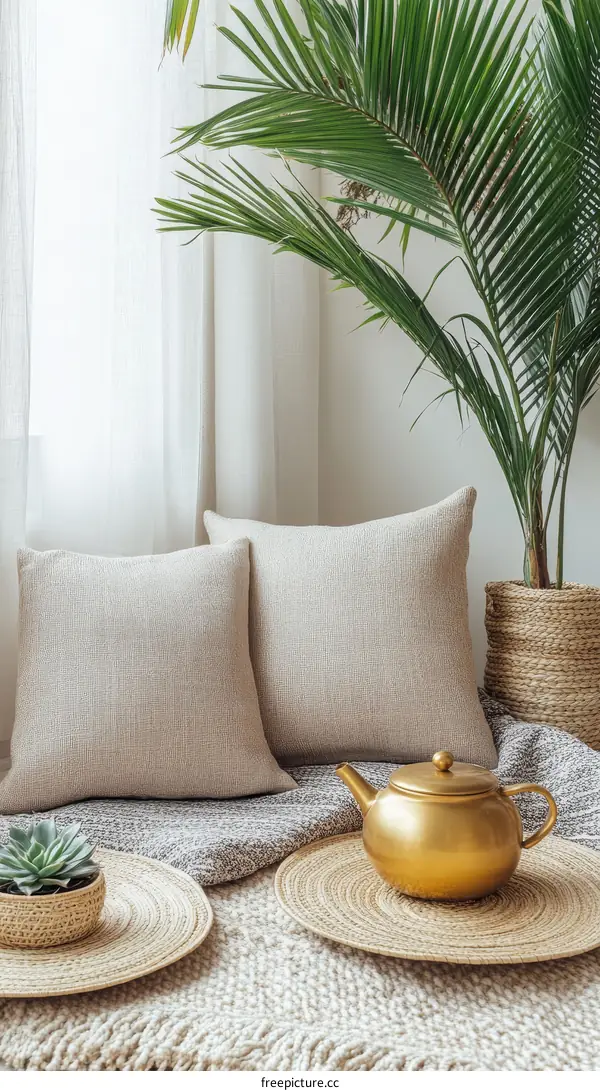 Cozy Living Room with Gold Kettle and Plants