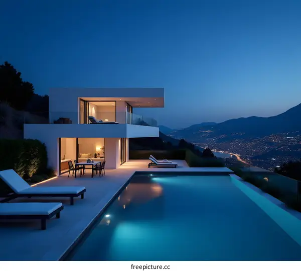 Modern Villa with Infinity Pool and Panoramic Mountain View at Dusk
