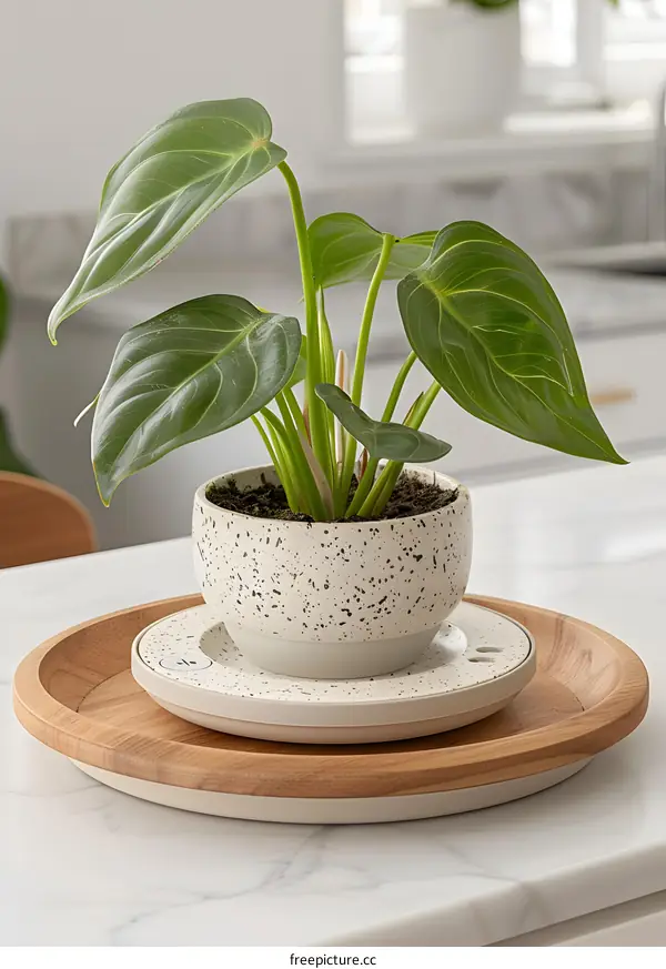 White Ceramic Potted Plant On Wooden Tray